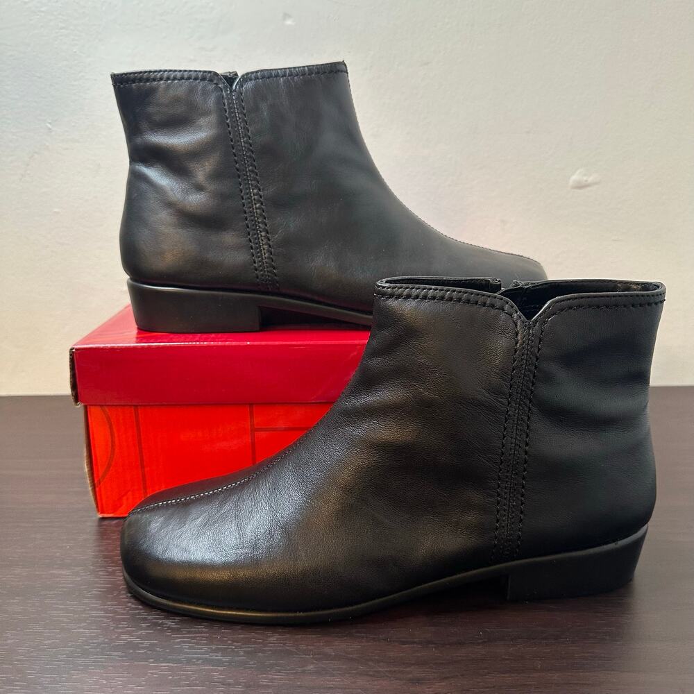 Aerosoles Black Leather Zip-up Square Toe Ankle Boot, Size 9, New, Duble Trouble